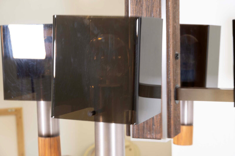 Sonneman Smoked Acrylic Wood and Metal Vintage Mid Mod Light Fixture Chandelier