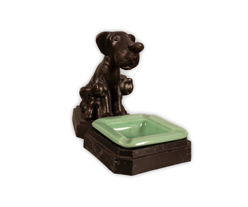 Art Deco Sitting Dogs Figurine Metal Sculpture with Vintage Jadeite Bowl 1930s