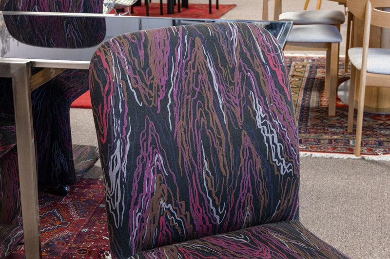 Set of 6 Post Modern DIA Purple Abstract Fabric Cantilever Rolling Dining Chairs
