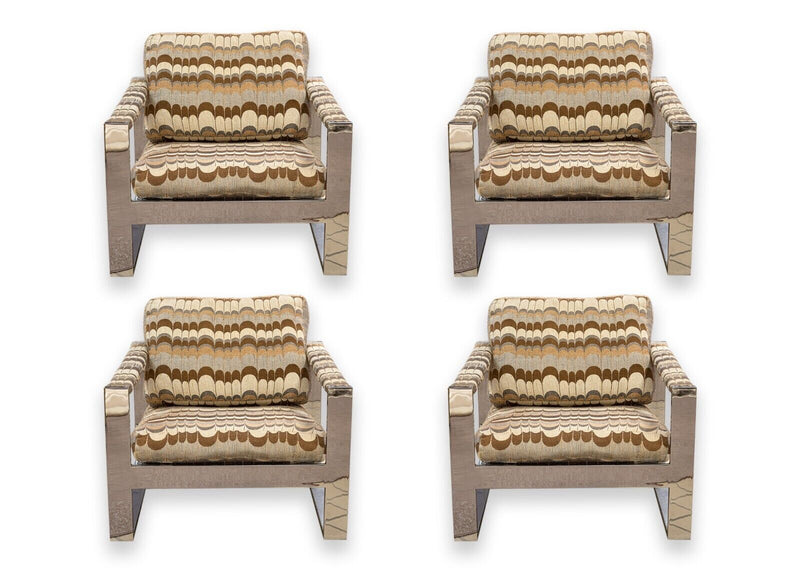 Set of 4 Milo Baughman Thayer Coggin Flat Bar Chrome Lounge Chairs Mid Century