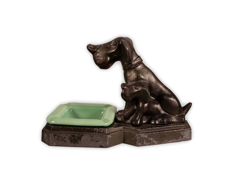 Art Deco Sitting Dogs Figurine Metal Sculpture with Vintage Jadeite Bowl 1930s