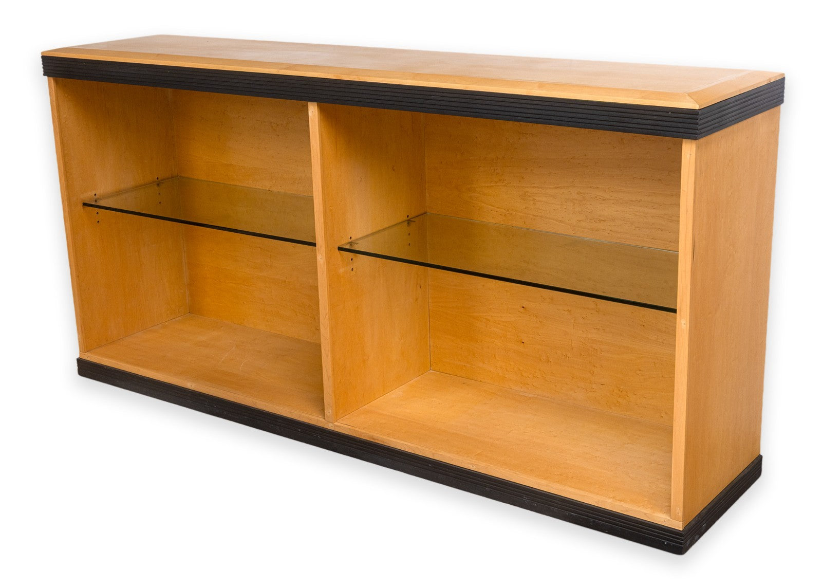 Vintage Postmodern 2 Tier Glass Shelf Blonde Wood Display Cabinet