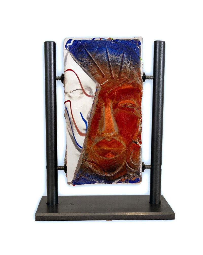 Björn Ekegren Signed Contemporary Sand Cast Glass Face Sculpture on Metal Stand