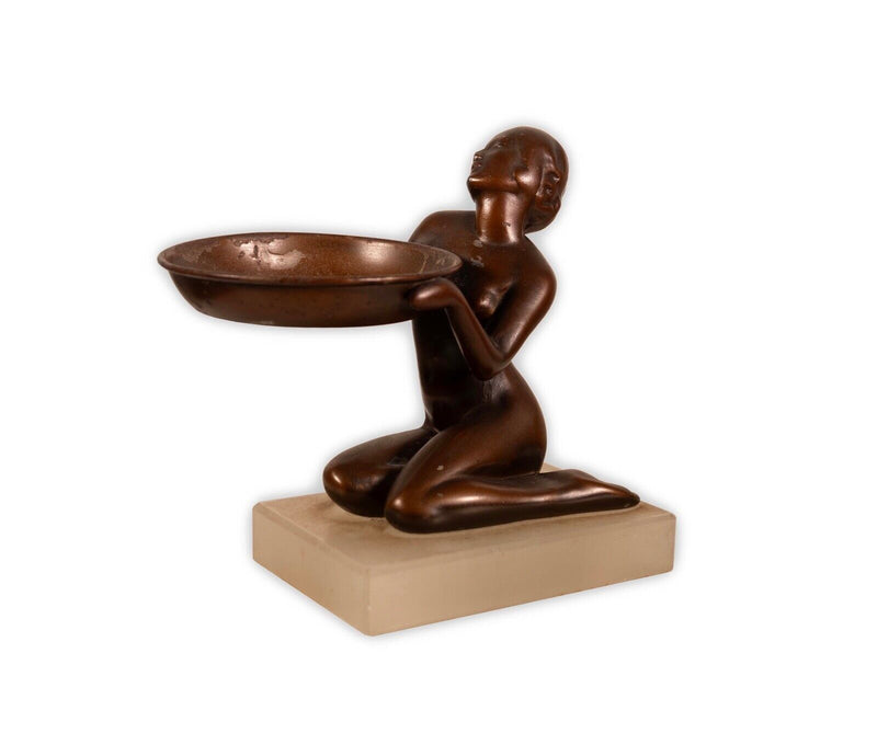 Art Deco Female Nude Bronze Sculpture Soap Dish or Trinket Tray on Lucite Base
