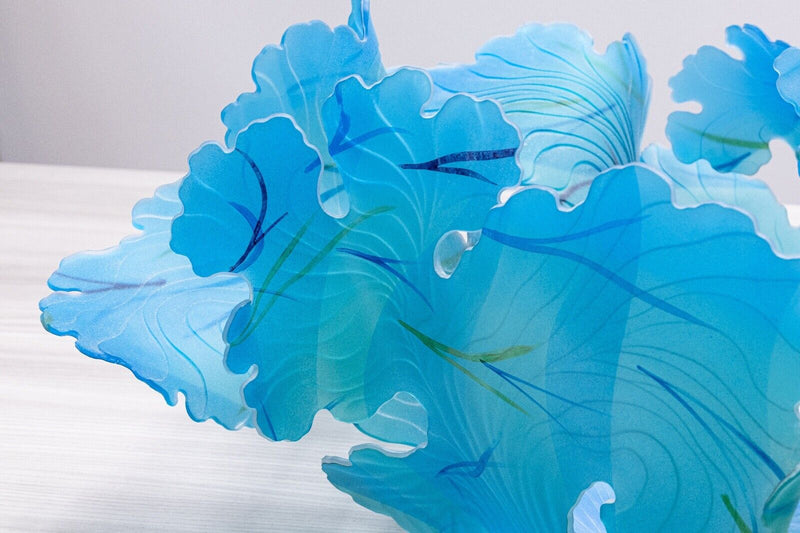 Janet Kelman Seafan Series Signed Contemporary Studio Glass Azure Blue Leaf Bowl