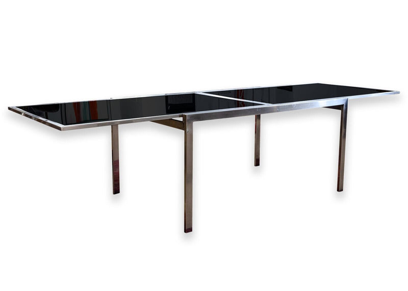 Milo Baughman Contemporary Modern Chrome and Smoked Glass Expanding Dining Table