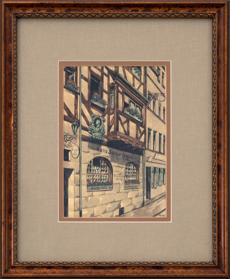 Hans Sachs House in Nuremberg Germany Original Vintage Watercolor on Paper