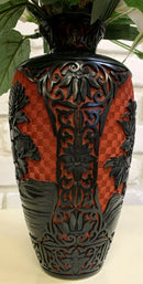 Cinnabar Stone Red and Black Oriental Asian Floral Vase Table Sculpture