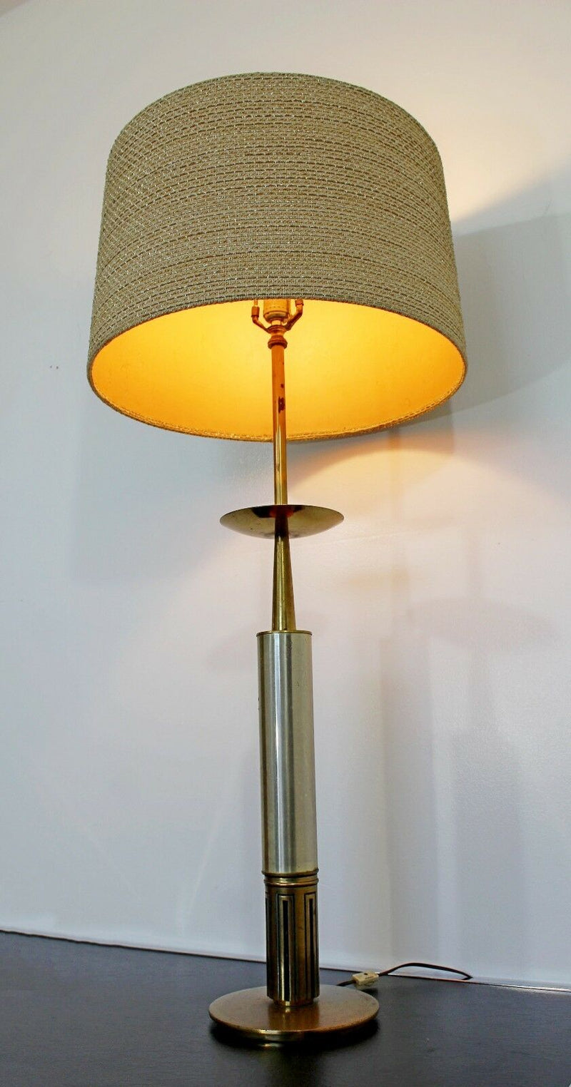 Mid Century Modern Parzinger Style Brass & Silver Plate Table Lamp Orig Shade