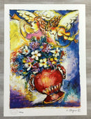 Modern Unframed Angels w Vase of Flowers Zamy Steynovitz Signed Seriolithograph
