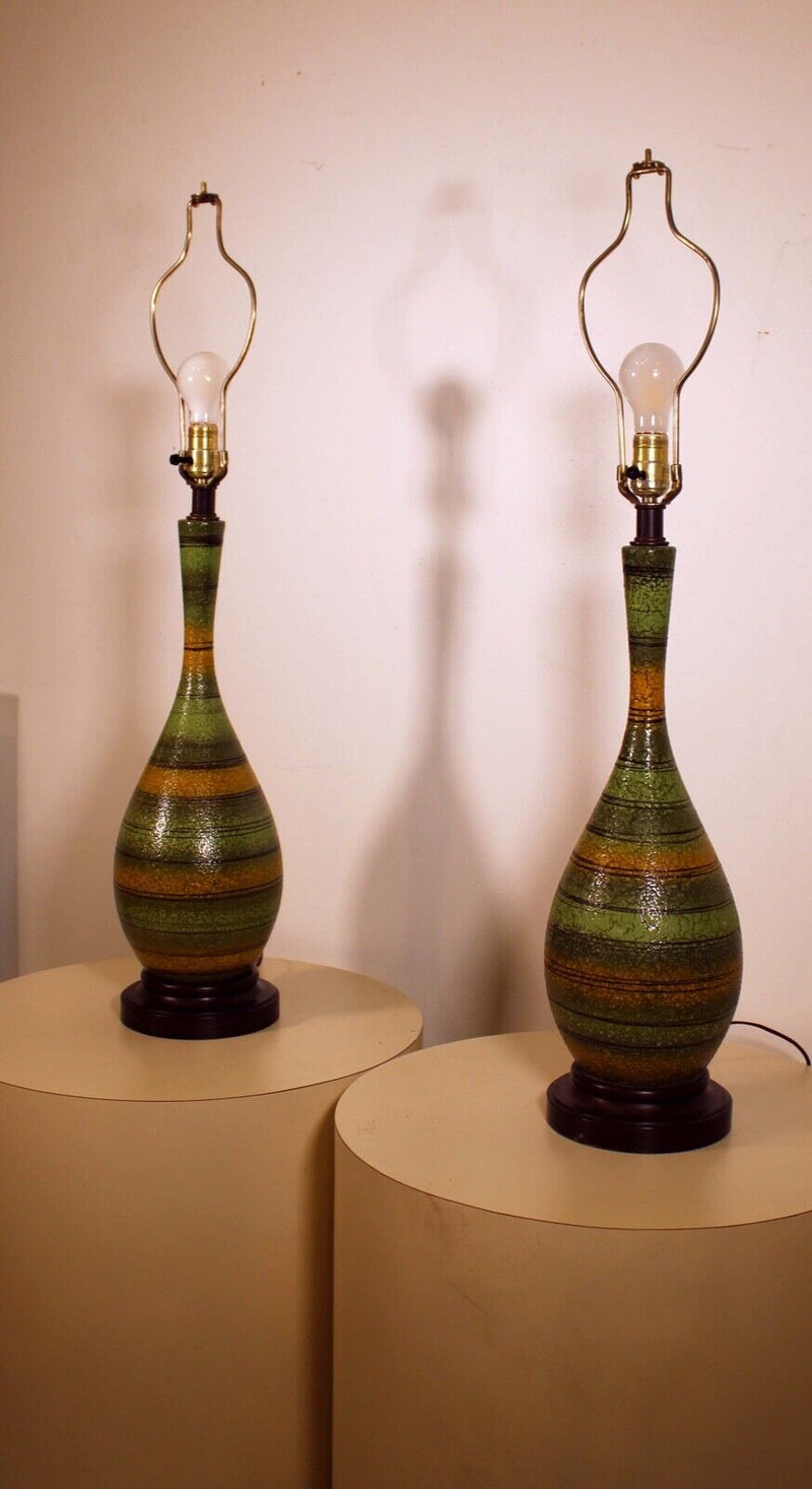 Pair of Mid Century Modern Green Striped Ceramic Lamps