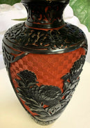 Cinnabar Stone Red and Black Oriental Asian Floral Vase Table Sculpture