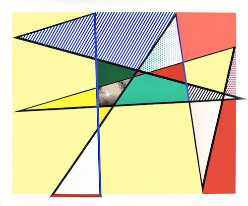 Abstract geometric design with colorful triangles and shapes on a white background