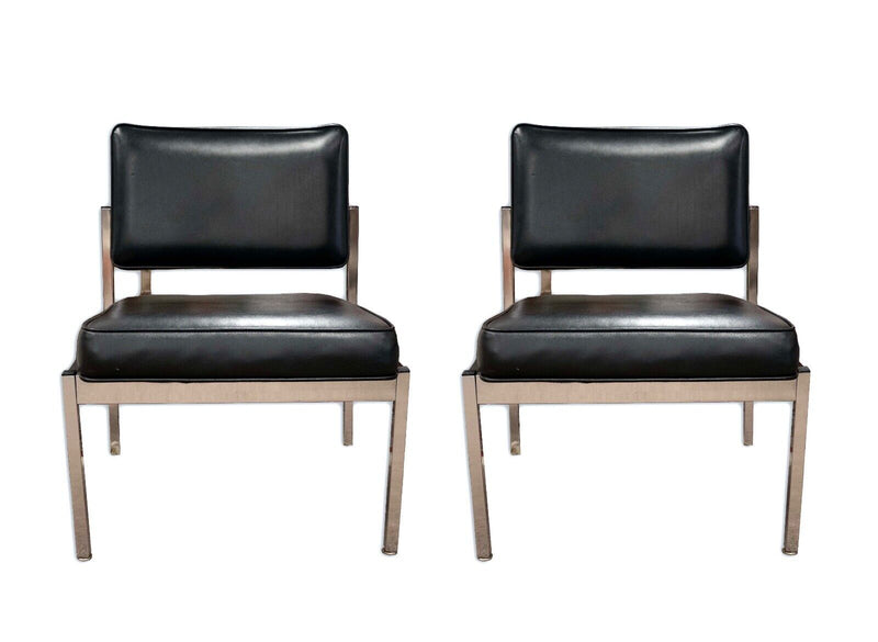Pair of Florence Knoll Slipper Chairs in Black Leather Brushed Stainless Steel