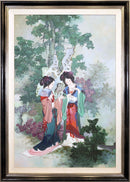 Hua Sanchuan Viewing Flowers Contemporary Figurative Asian Acrylic Painting on C