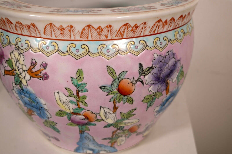 Vintage Chinese Porcelain Fishbowl Pink Floral & Bird Design Stamped