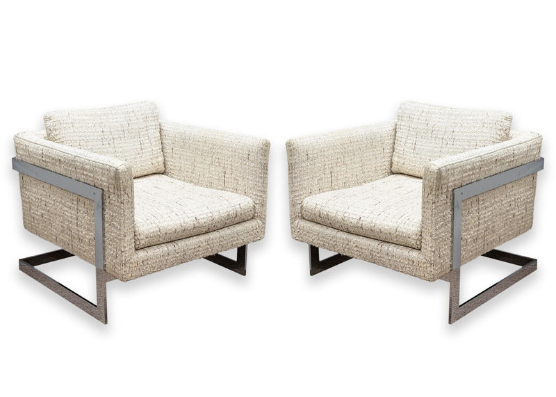 Pair of Milo Baughman Cantilever Floating Chrome Cube Club Lounge Accent Chairs