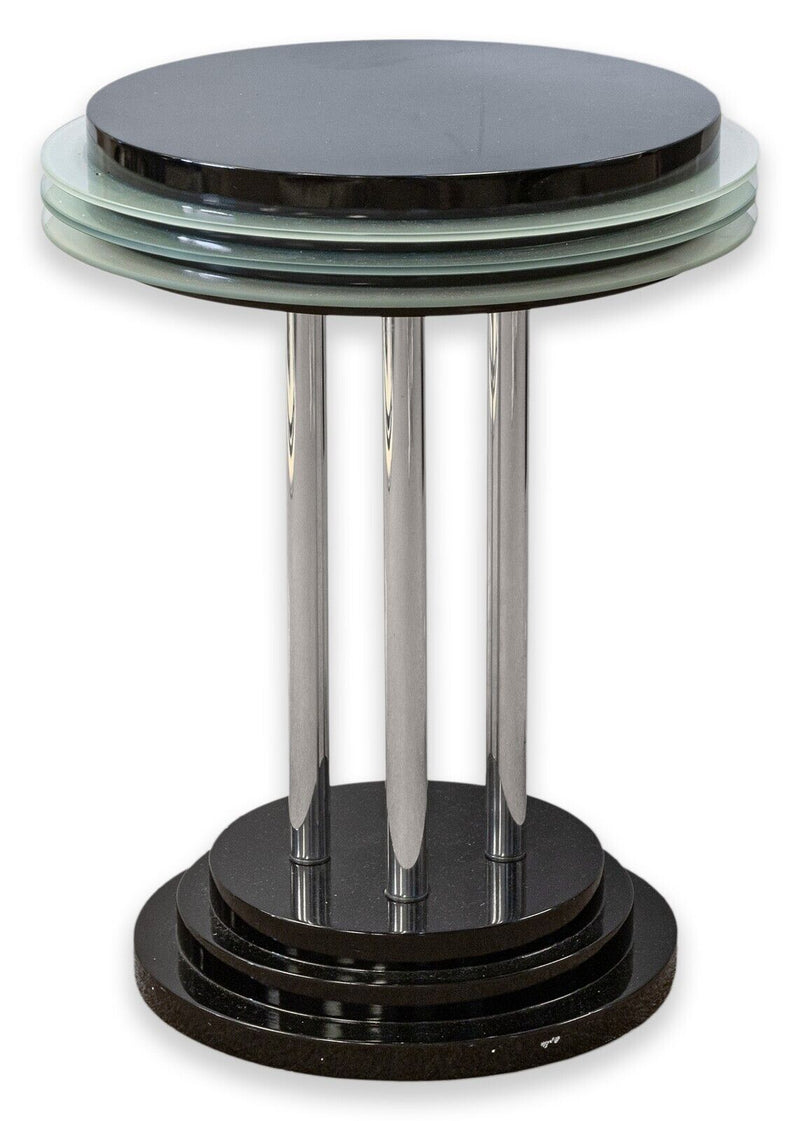 Postmodern Black Lacquer Chrome and Glass Round Circular Pedestal Side End Table