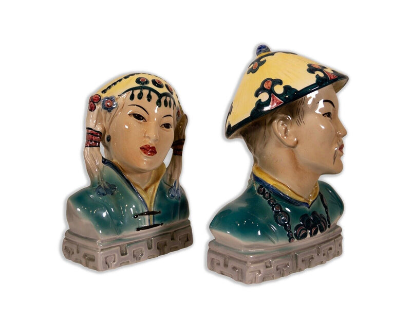 Goldscheider Pair of Japanese Hand Painted Porcelain Mid Century Modern Busts