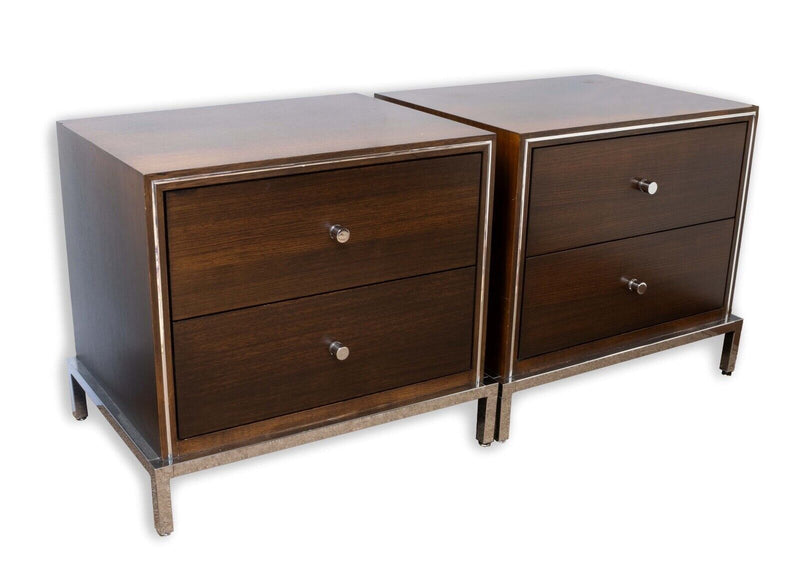 Pair of Contemporary Modern Wood and Chrome Framed Nightstands