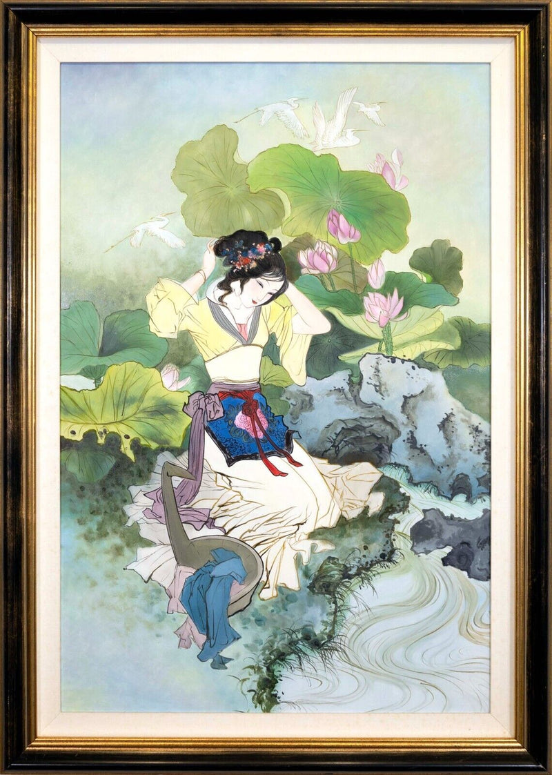 Hua Sanchuan Washing Silk in the Lotus Pond Contemporary Asian Acrylic Painting