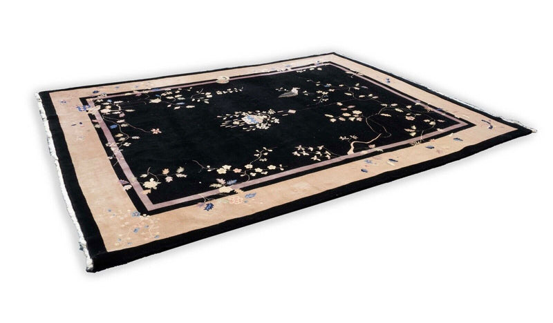 Art Deco Floral Oriental Pattern Black, Beige, and Pastel Colored Floor Rug