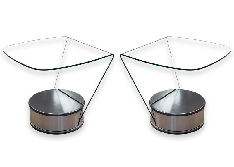 Pair of Brueton Style Curved Glass and Brushed Chrome Swivel End Side Tables