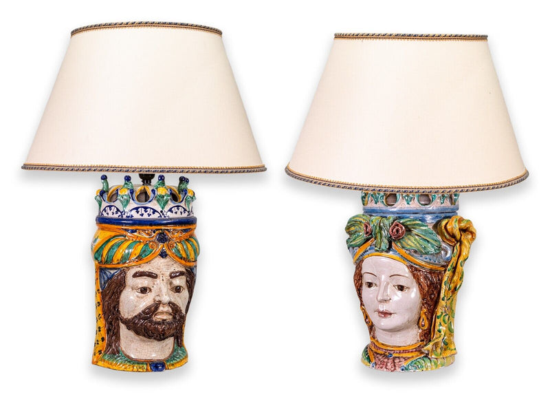 Pair of Italian Caltagirone Painted Ceramic King and Queen Head Table Lamps