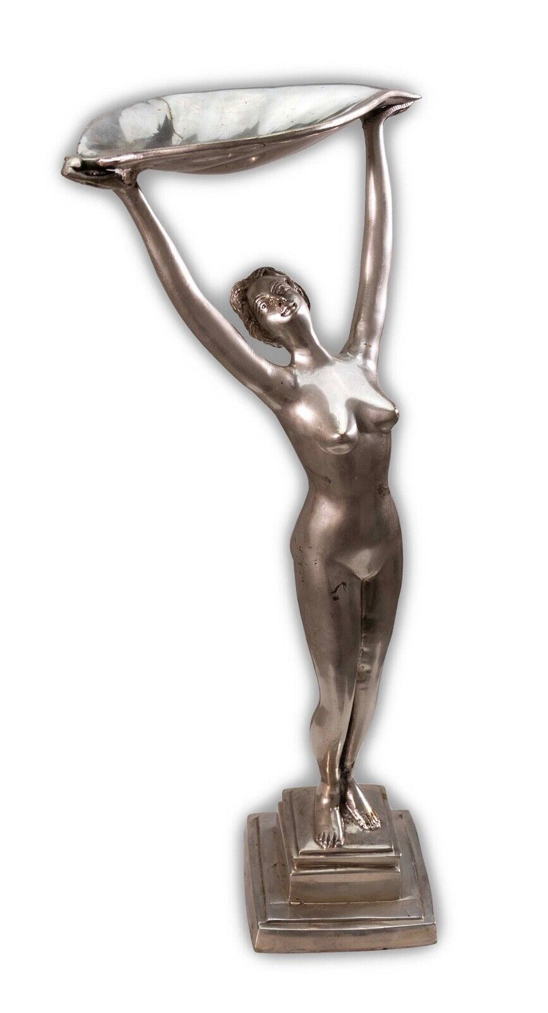 Art Deco Nude Female Figure with Leaf Antique Cast Metal Chrome Sculpture