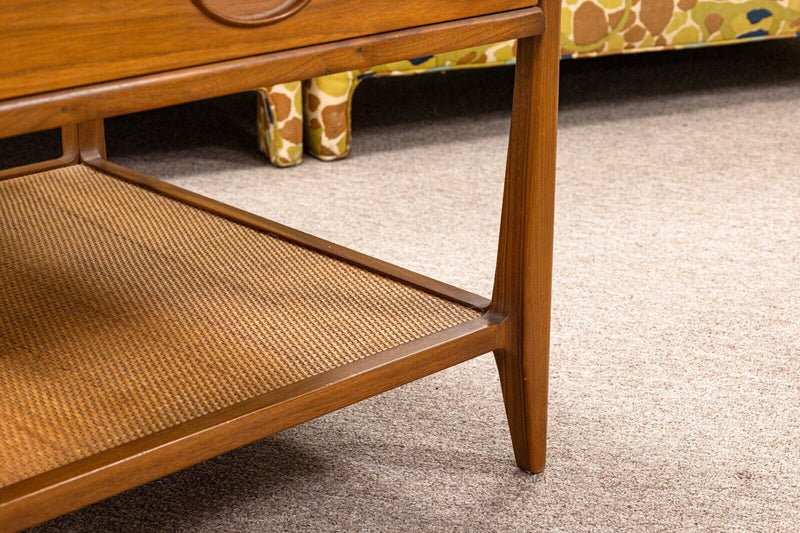 Robinson Furniture Mid Century Modern Walnut Wood and Rattan Side End Table