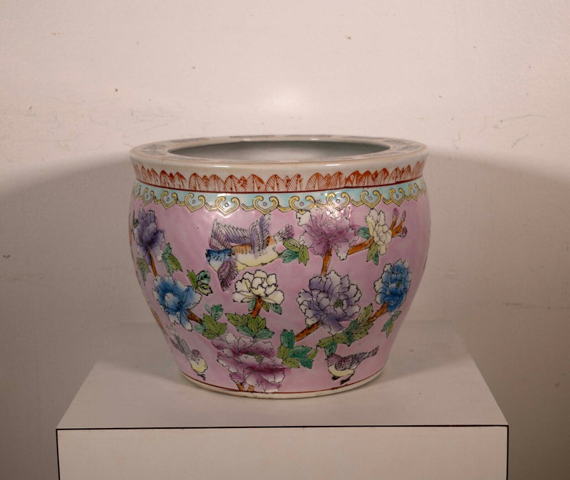 Vintage Chinese Porcelain Fishbowl Pink Floral & Bird Design Stamped