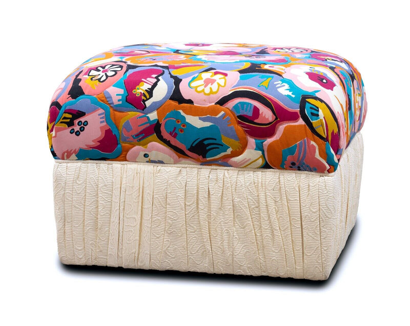 Bohemian Roche Bobois Style Floral Rolling Ottoman Pouf Bench on Casters