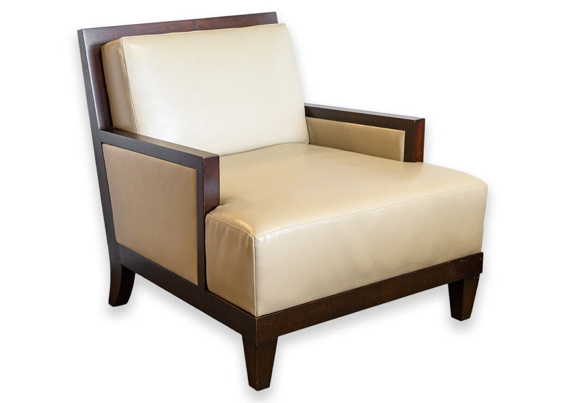 Pair of Barbara Barry for Baker Boxback Leather and Wood Accent Lounge Chairs