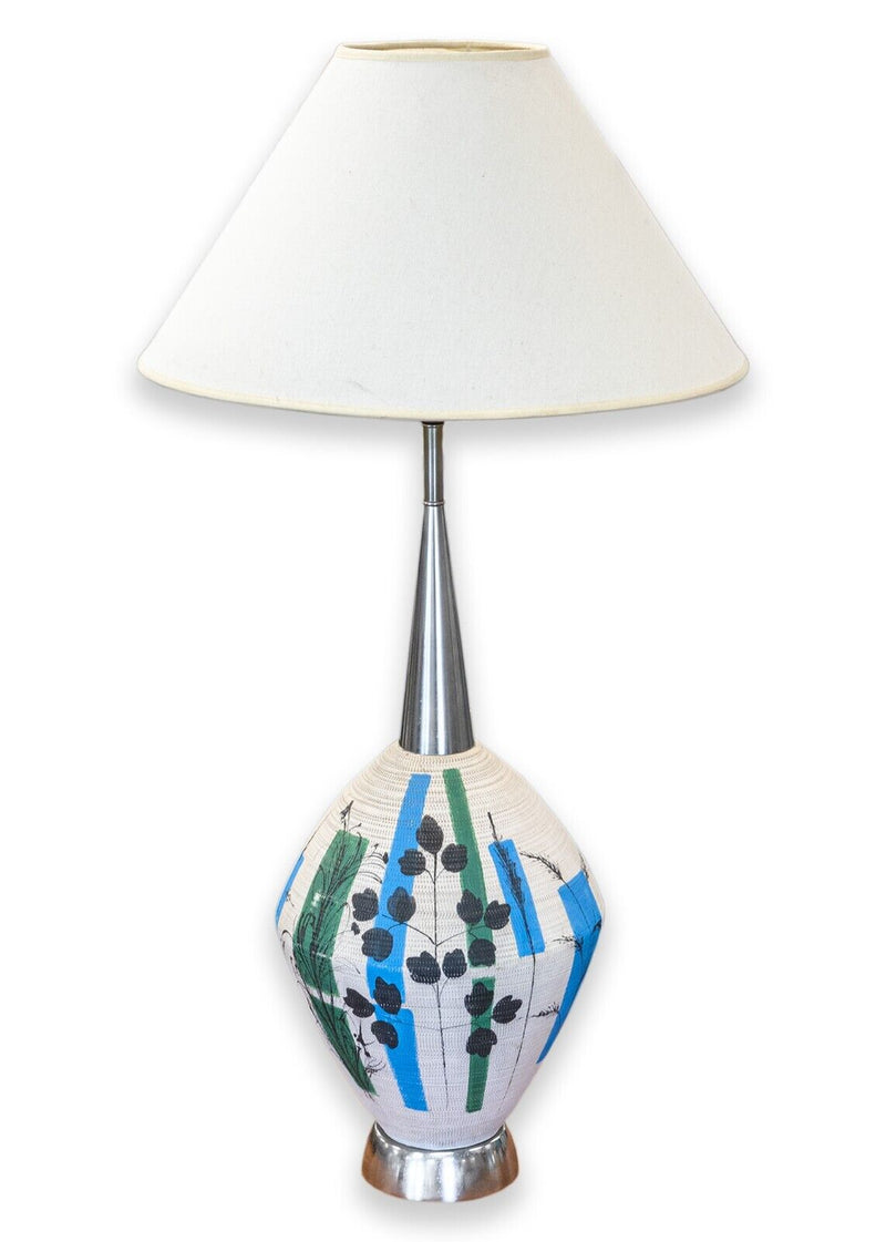 Pair of Italian Mid Century Modern Hand Painted Floral Ceramic Table Lamps