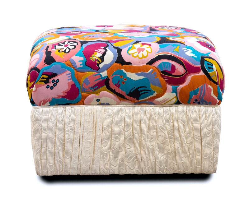 Bohemian Roche Bobois Style Floral Rolling Ottoman Pouf Bench on Casters