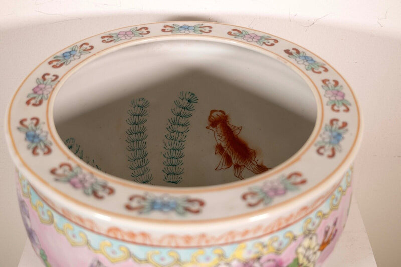 Vintage Chinese Porcelain Fishbowl Pink Floral & Bird Design Stamped