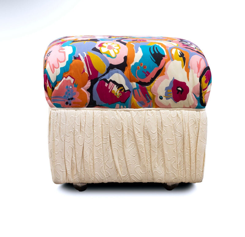 Bohemian Roche Bobois Style Floral Rolling Ottoman Pouf Bench on Casters