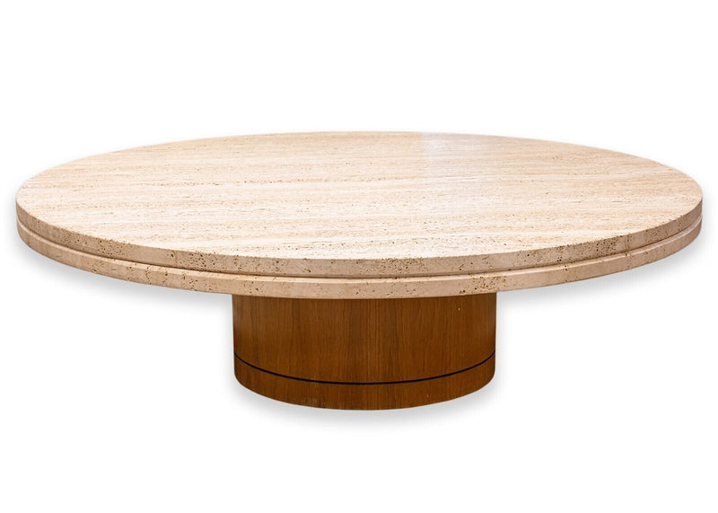 Tobocman Contemporary Modern Round Travertine and Wood Coffee Cocktail Table