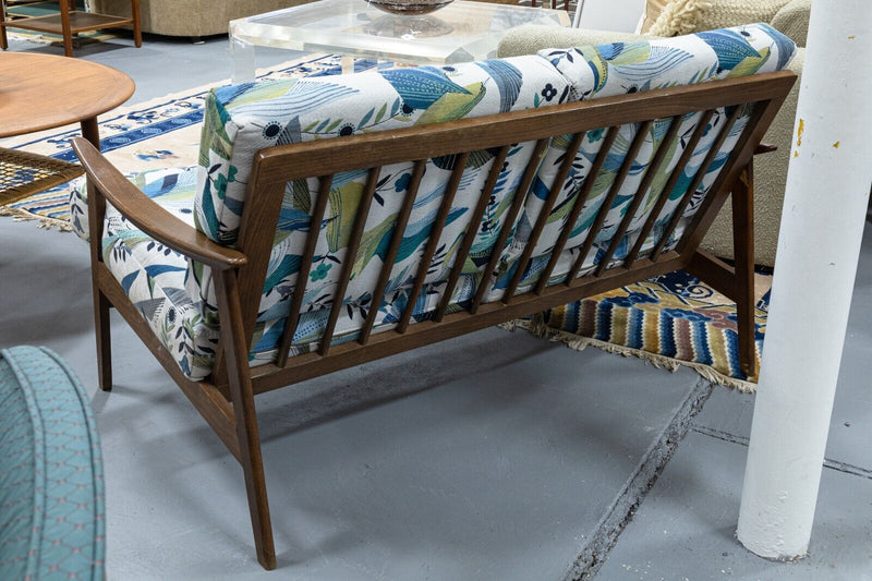 Mid Century Modern Walnut Wood Loveseat Settee Sofa with Floral Bird Fabric