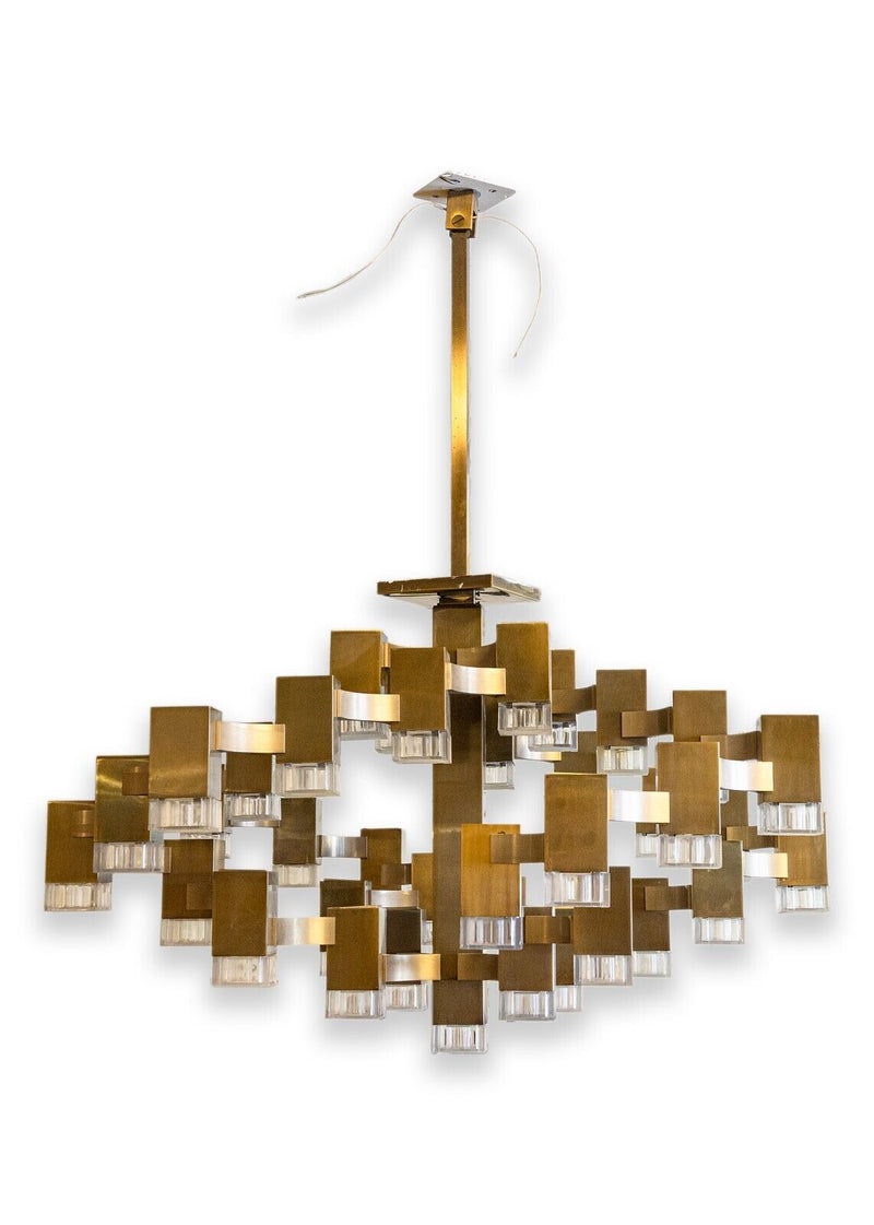 Gaetano Sciolari For Lightolier Cubic 37 Bulb Monumental Brass Light Fixture