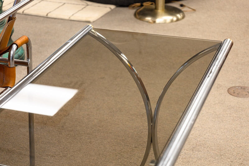 Maison Jansen Style Chrome Smoked Glass Contemporary Modern Console Sofa Table