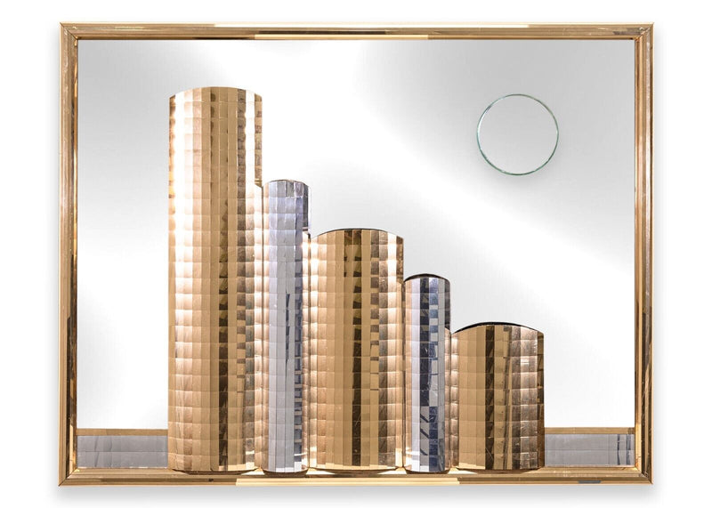 1980s Gold and Silver Acrylic Cityscape Skyline Glass Mirror Wall Sculpture