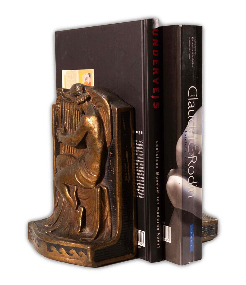 Antique Art Deco Armor Bronze Greek Figure with Music Harp Clad Bookends 1922