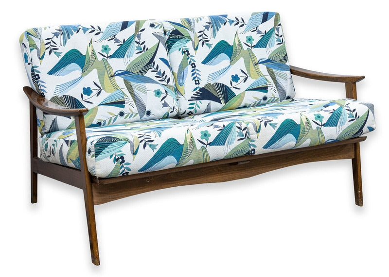 Mid Century Modern Walnut Wood Loveseat Settee Sofa with Floral Bird Fabric