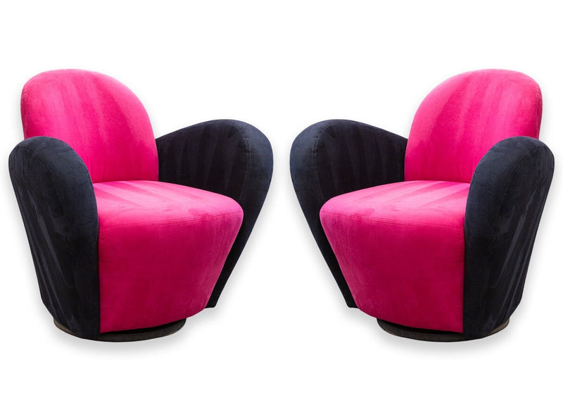 Pair of Michael Wolk "Miami" Postmodern 80s Pink and Black Swivel Accent Chairs