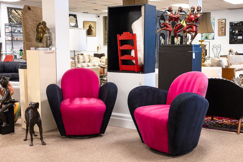 Pair of Michael Wolk "Miami" Postmodern 80s Pink and Black Swivel Accent Chairs