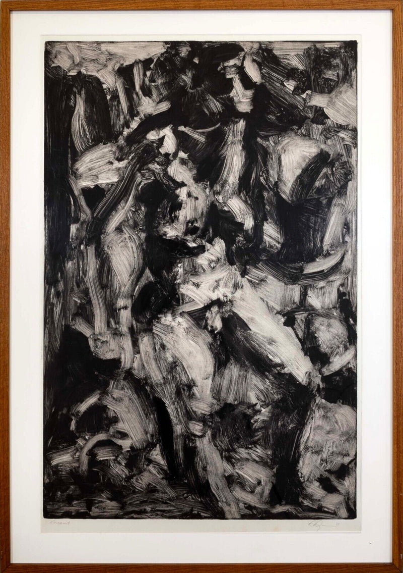 Post Modern Black and White Abstract Expressionist Monoprint Signed 1981 Framed