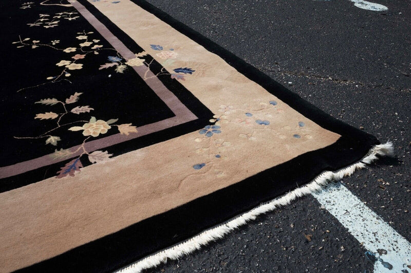 Art Deco Floral Oriental Pattern Black, Beige, and Pastel Colored Floor Rug