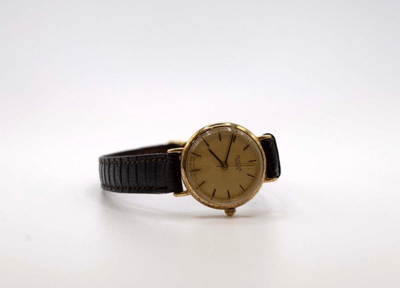 Bulova Quartz Ladies Gold Wristwatch with Leather Band in Original Box 1990