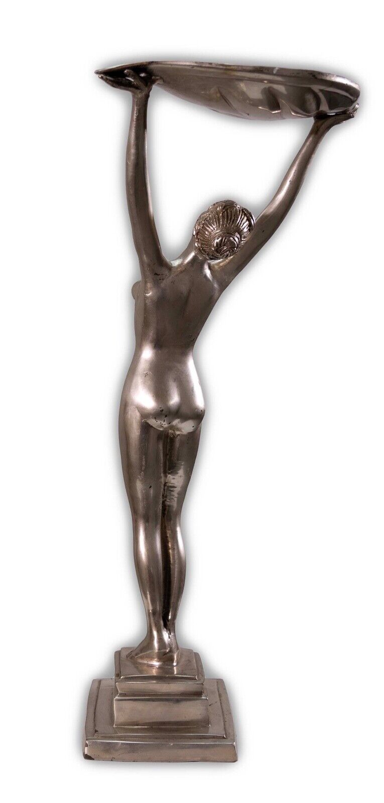 Art Deco Nude Female Figure with Leaf Antique Cast Metal Chrome Sculpture